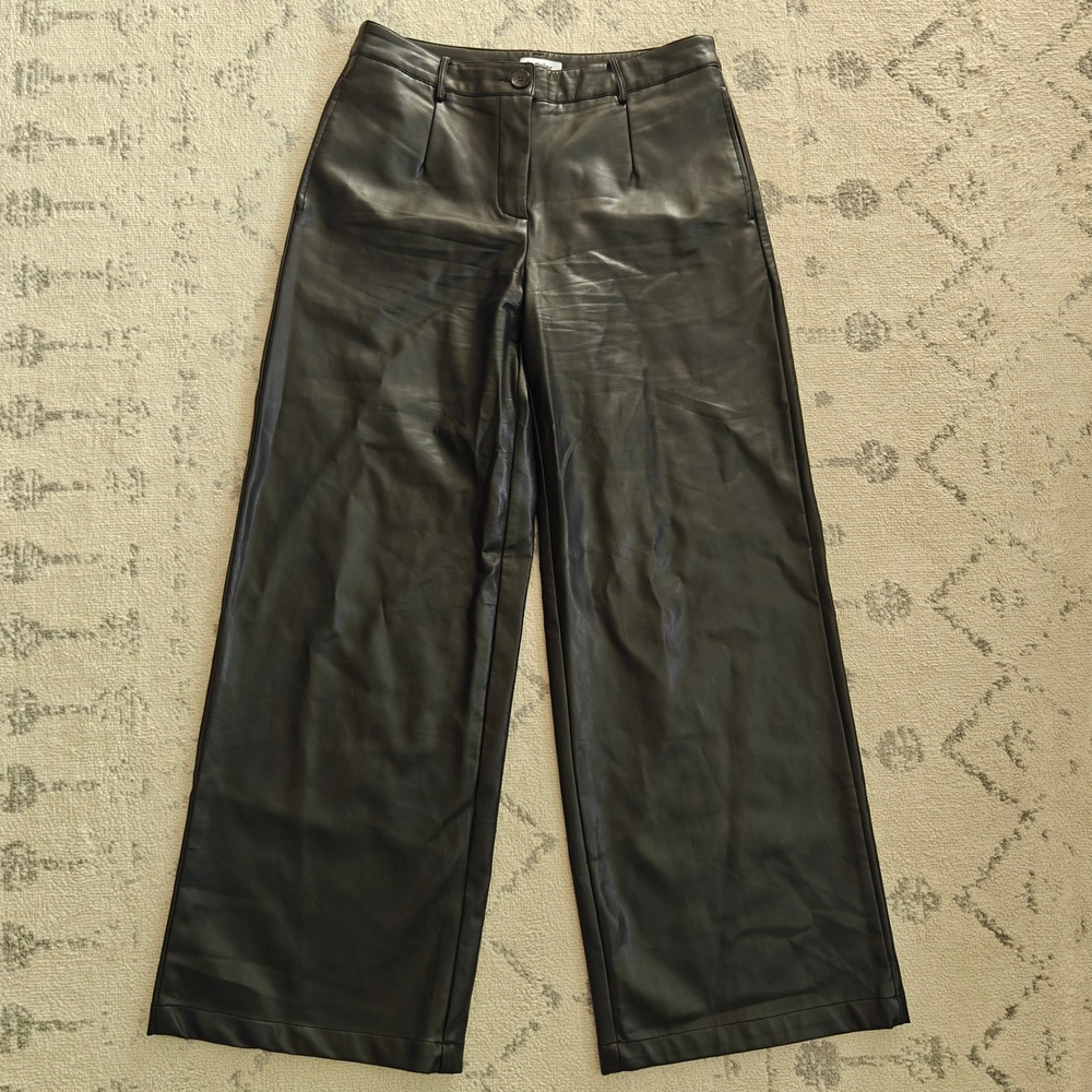 Lattelier Faux Leather Trousers‎ Women's XL Black Chic Wide Leg Pants EUC Preppy